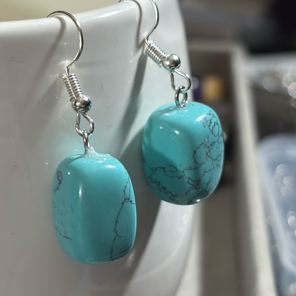 Genuine Turquoise Stone Earrings with Sterling Silver Dangle Posts Green - Picture 4 of 5